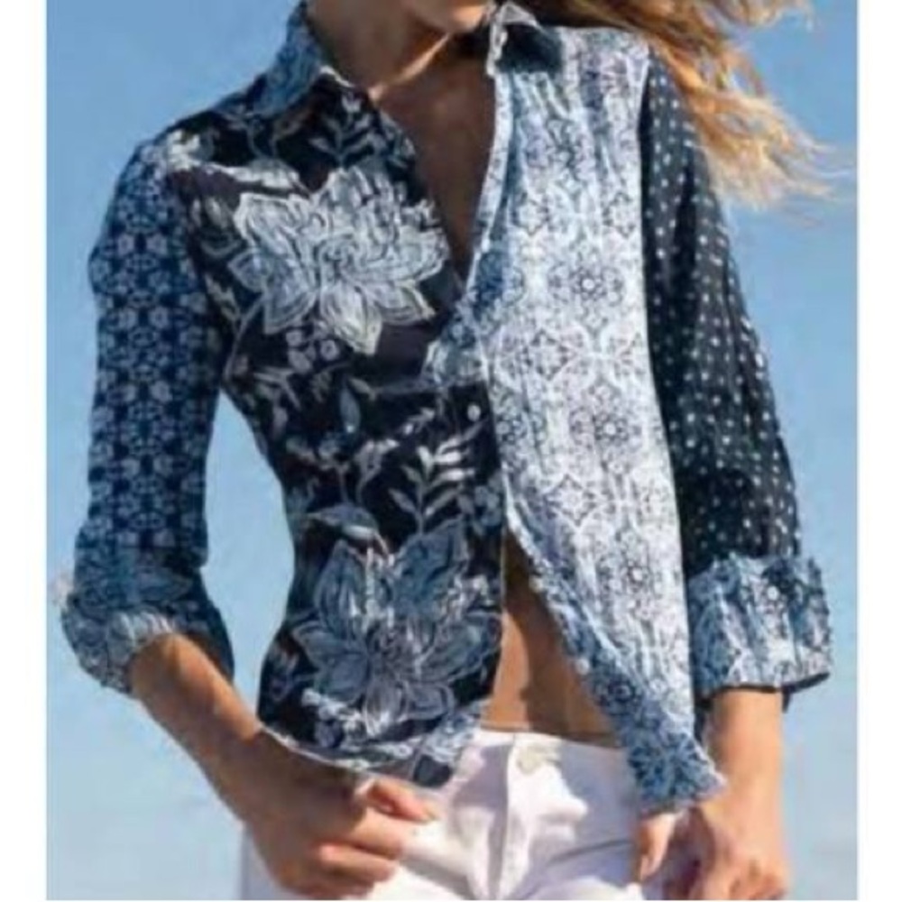 Cino Women's Crinkle Button Down Shirt size S Cotton Blue Floral Patchwork